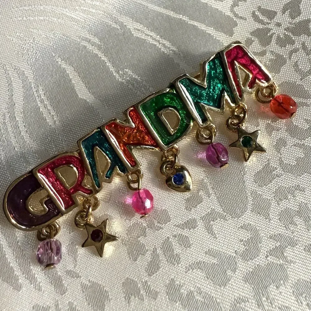 Vintage Gold Tone Enamel Grandma Brooch Star Charms Dangle Beads 2 Inches